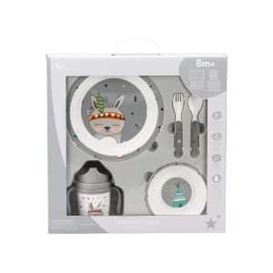 Vajilla Bebé 5 Piezas Apta para microondas + regalo de un babero (Gris Indio)