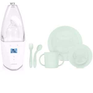 Set Calienta Biberones y Esterilizador Warmy Advanced de Miniland + Vajilla infantil redonda meal set mint